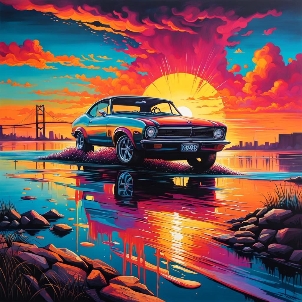 Colorful Sunset Bay in Graffiti Splash Art Style