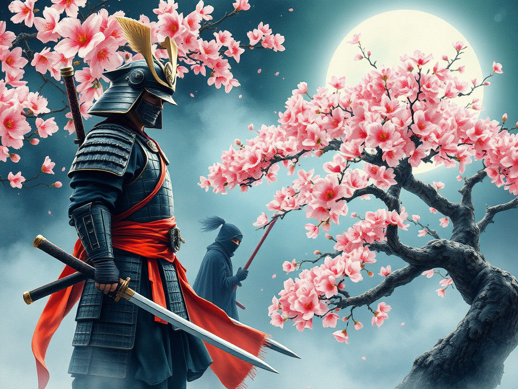 Samurai and Ninja Watercolor Painting Under Cherry Blossoms