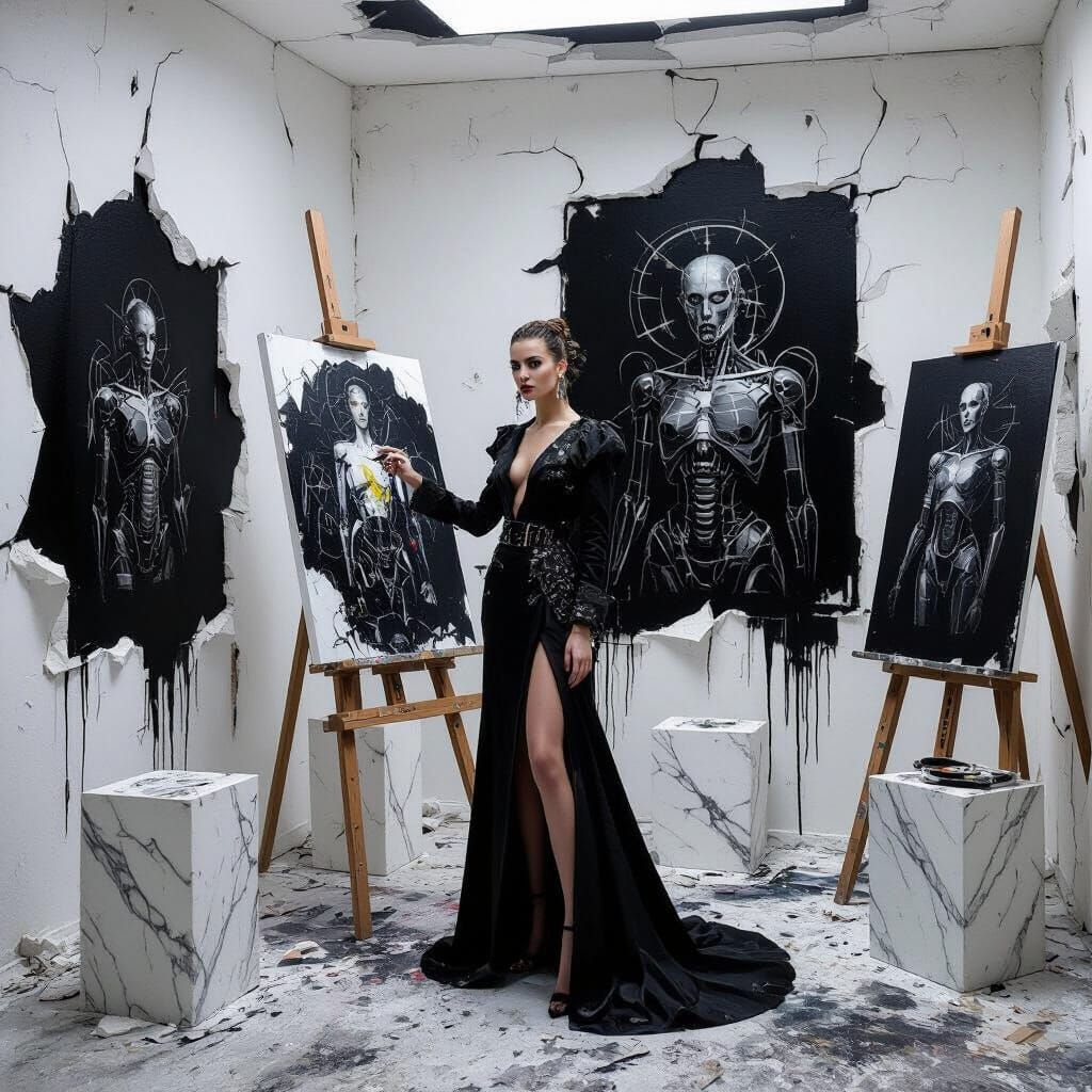 Goth Painter in Studio, Impasto Oil Paint Style