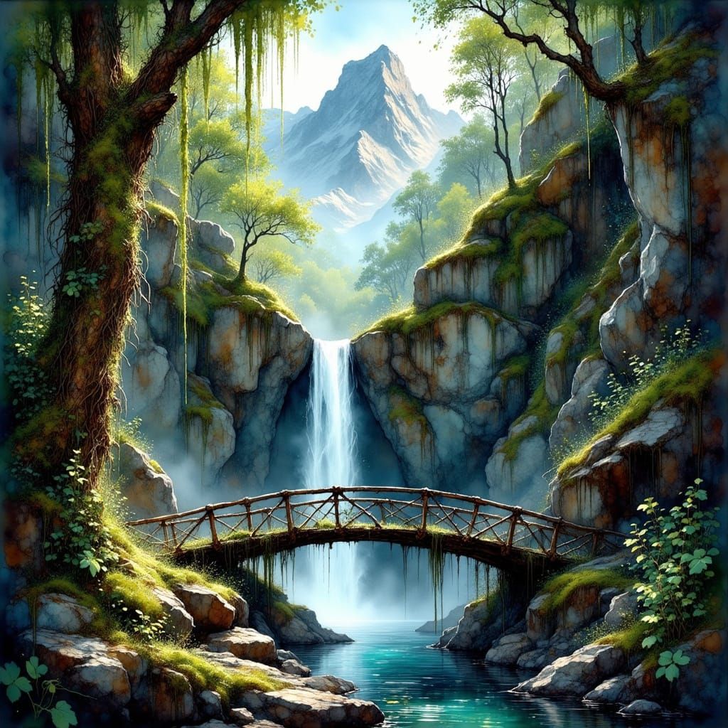 Mystical Forest Portal with Serene Waterfall and Iron Bridge