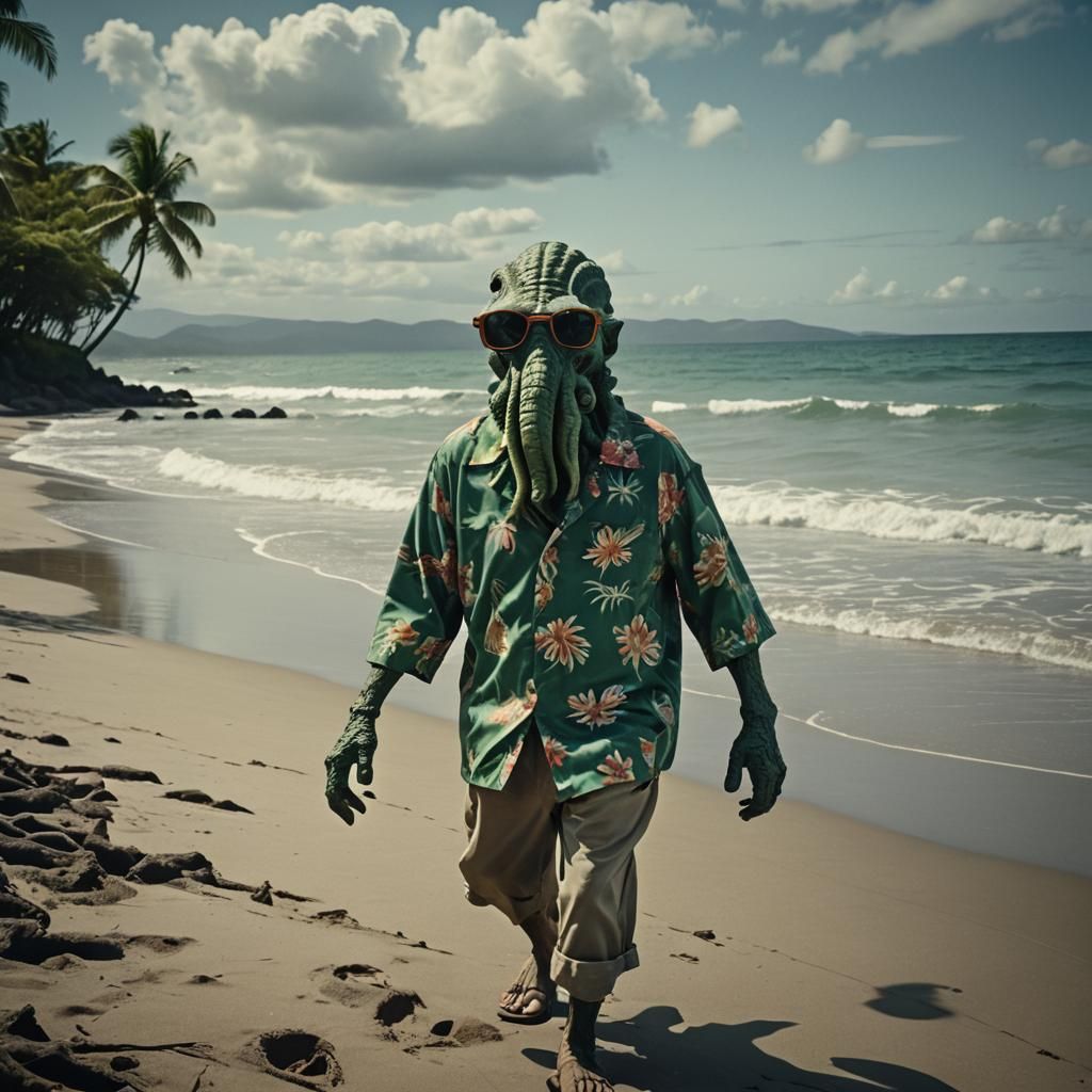 Cthulhu in Hawaiian Shirt on Beach: Cinematic Still