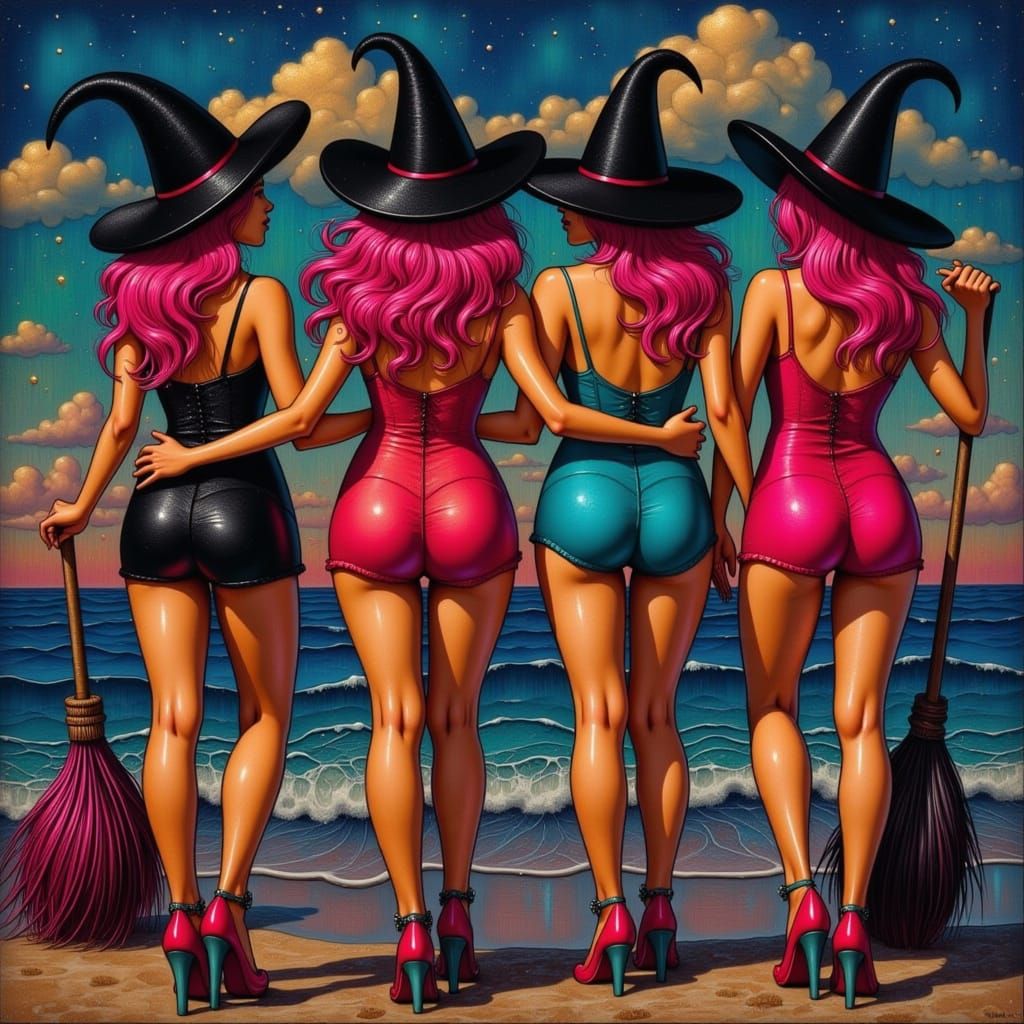 A sunny day, sunny skies, Four cute adult witches standing arm-in-arm on a sunny beach, shown from behind. They are havi...