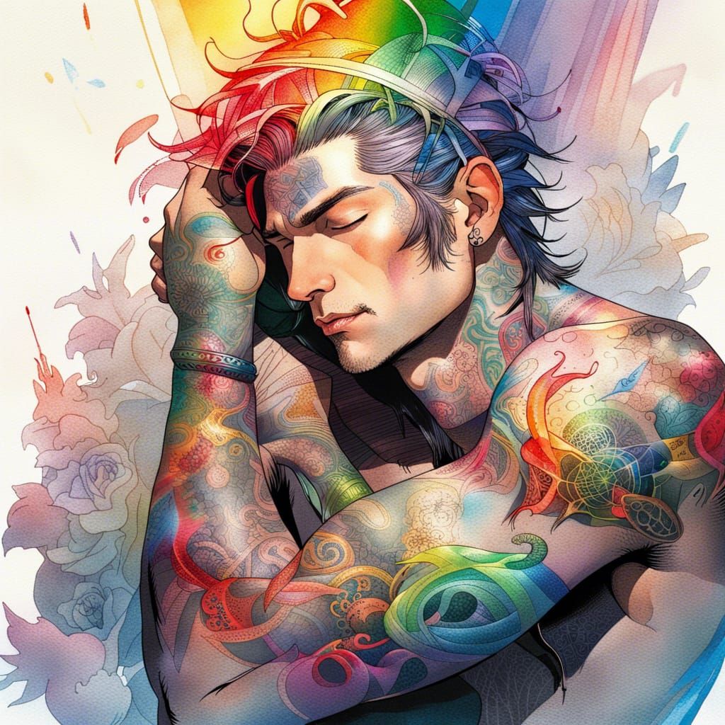Rainbow Tattooed God Portrait in Bright Colors