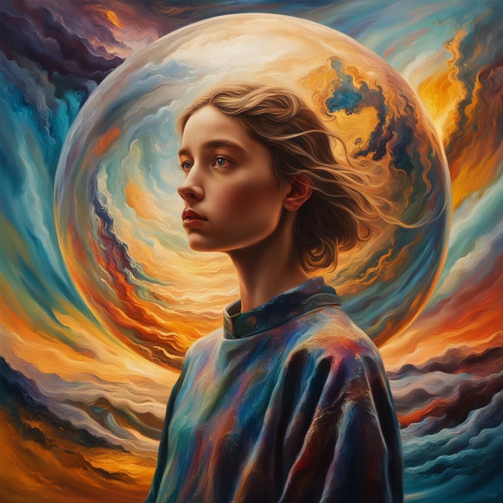Mystical Orb: Serene Girl in Surreal Landscape