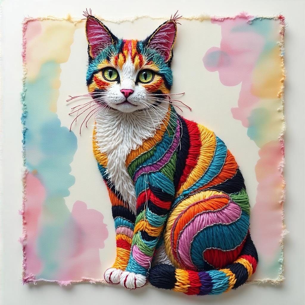 Embroidered Cat Portrait with Watercolor Background