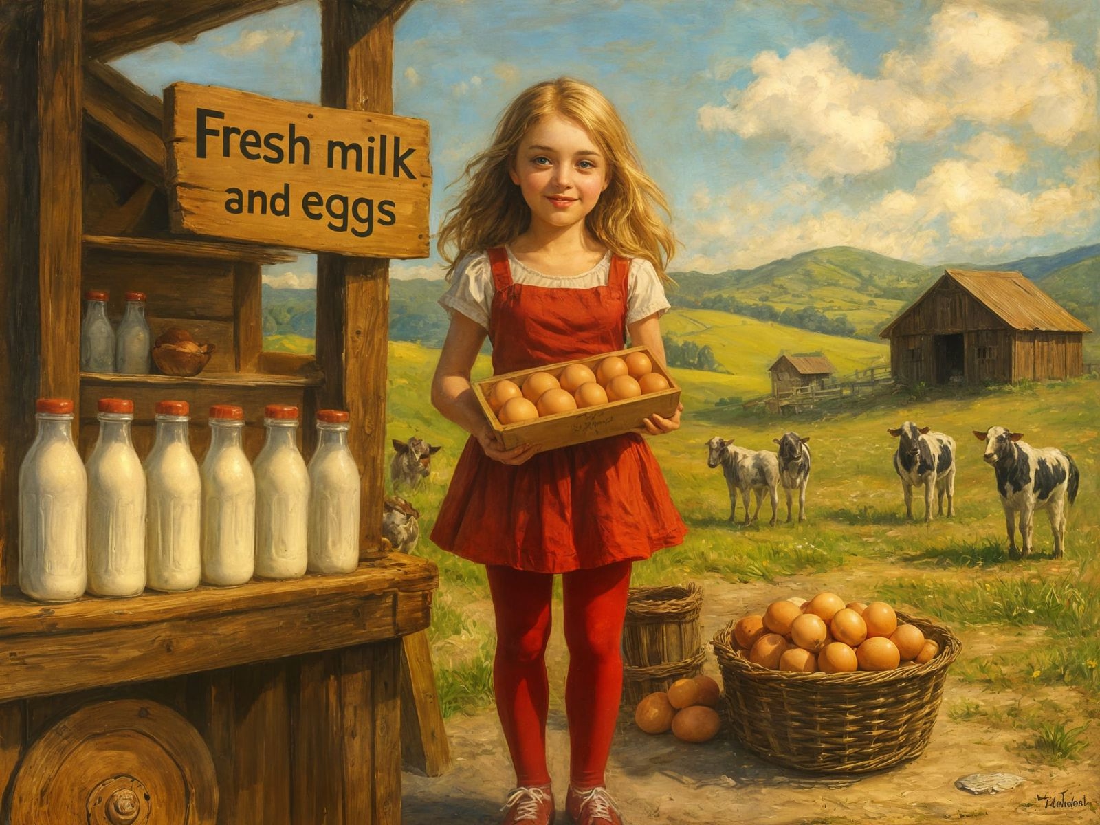 Farm Girl Selling Milk and Eggs, Oil Painting