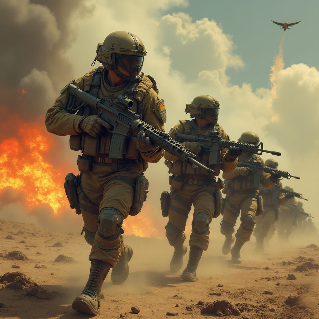 Soldiers in Combat Amidst Explosions and Smoke