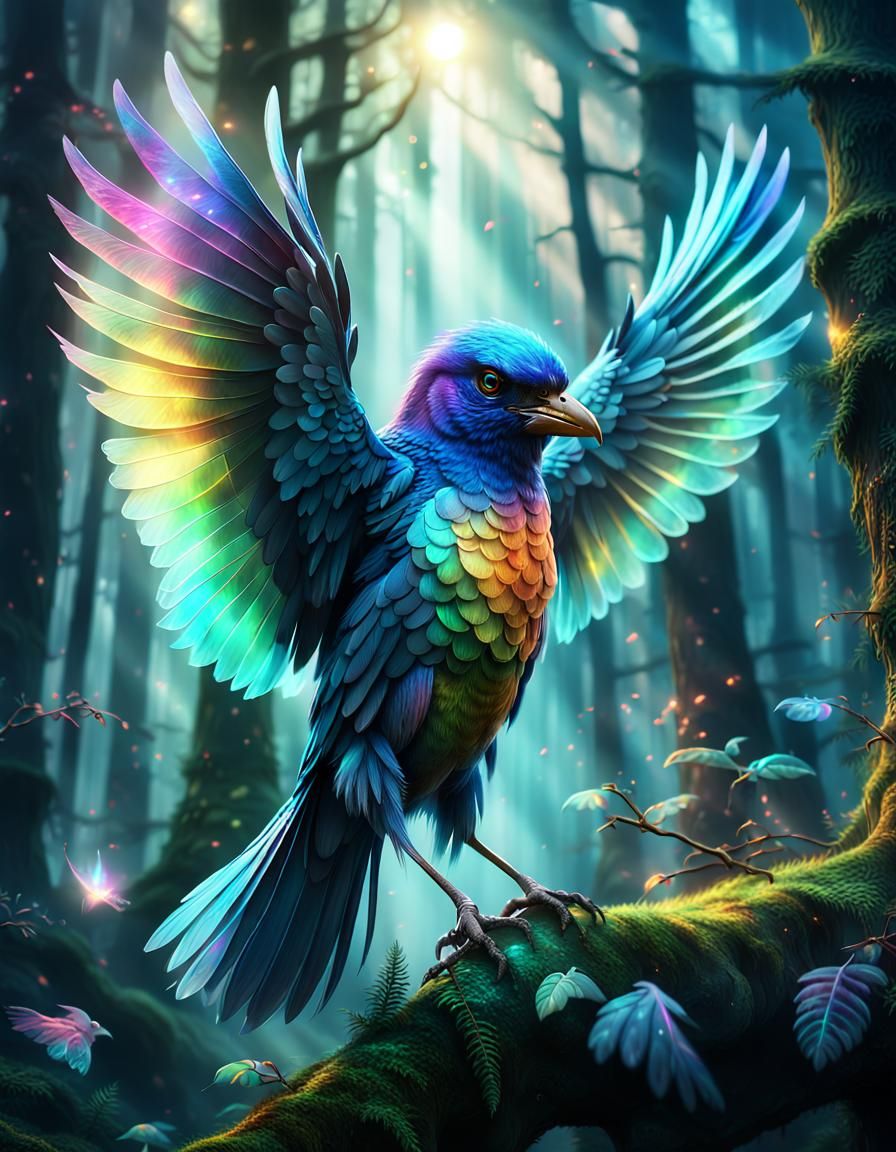 Iridescent Bird in Enchanted Forest: Matte Painting