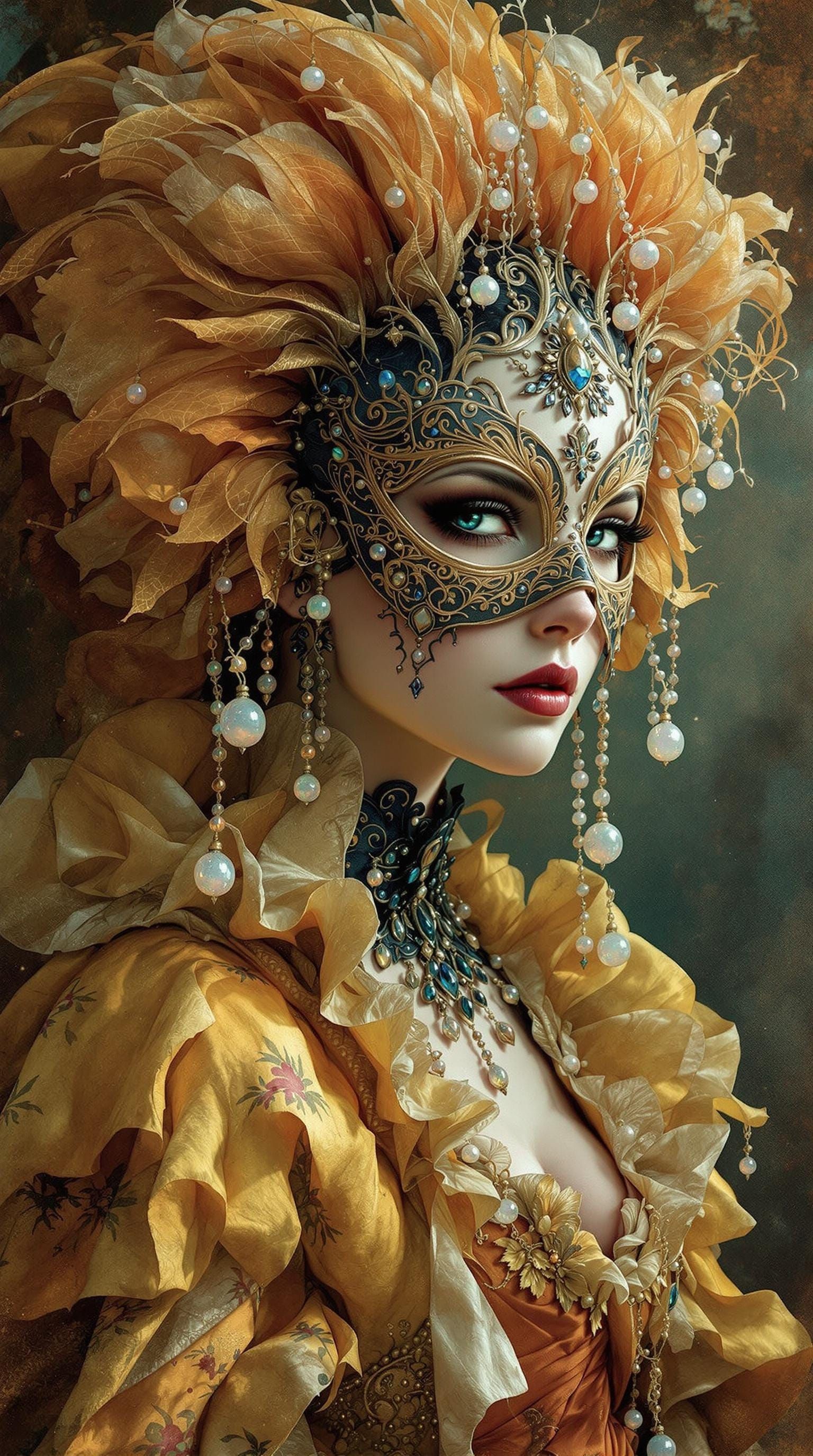Victorian Lady in Opulent Gown with Mask and Opals