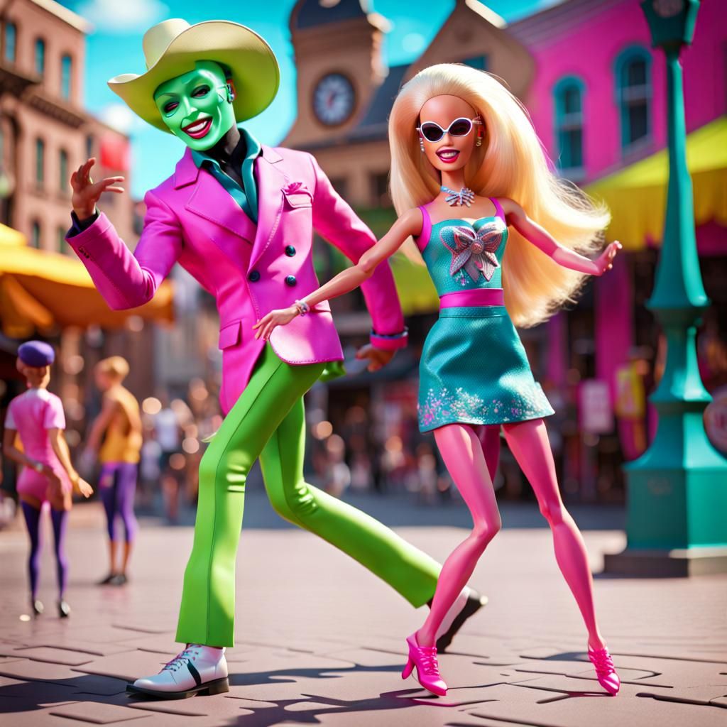 The Mask Dancing with Barbie Doll in Town Square