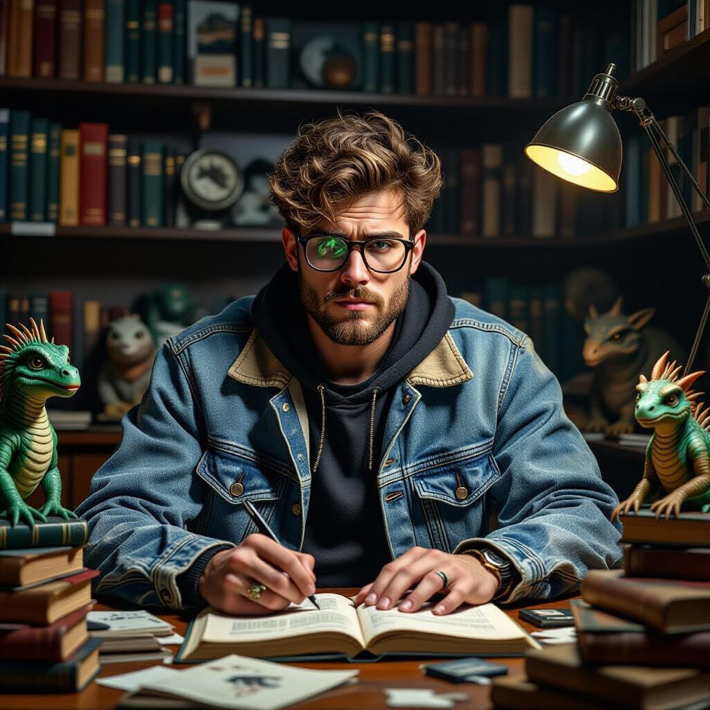 Hyper-Realistic Cryptid Fanatic in Dim Study