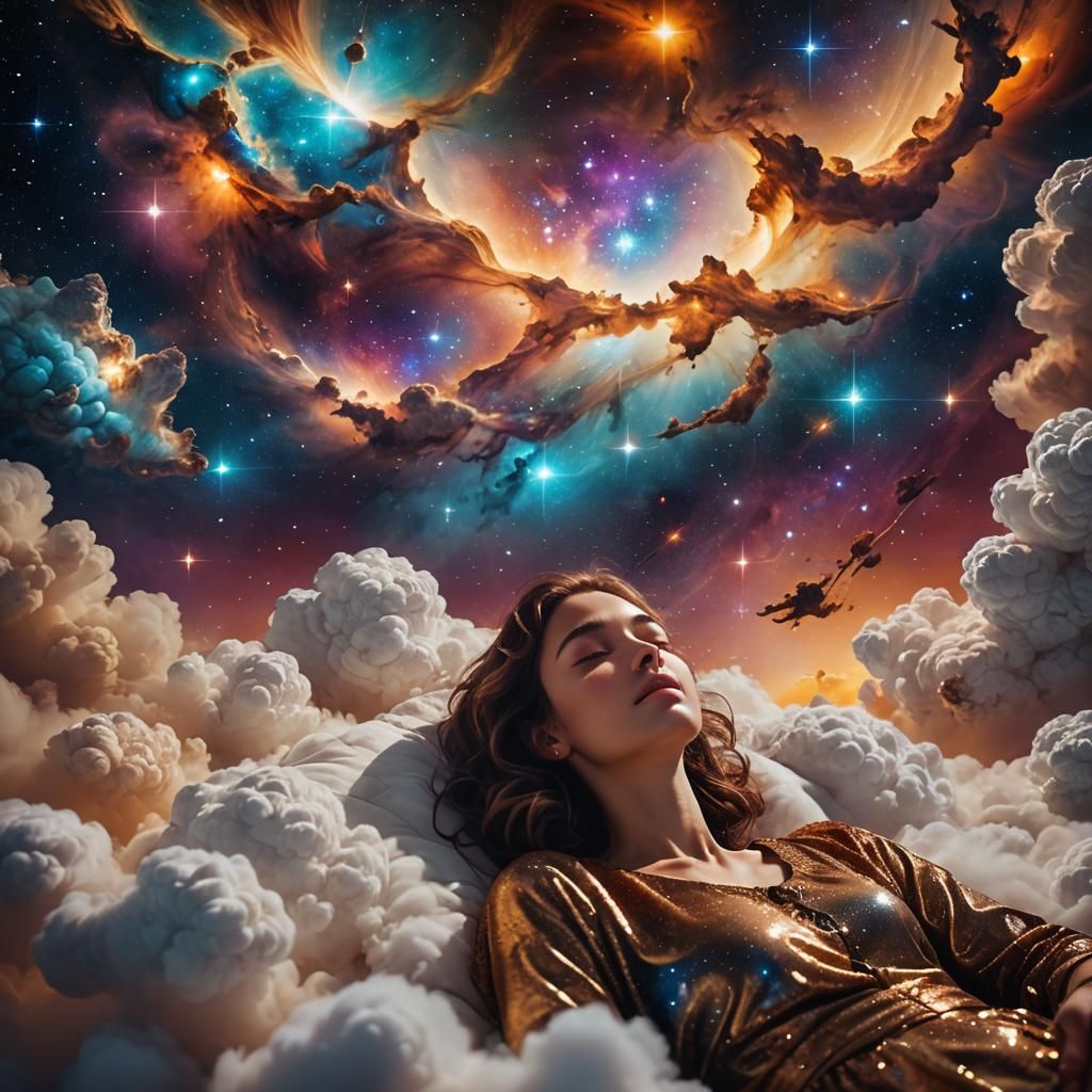 Ethereal Woman Sleeping in Cosmic Dream Landscape