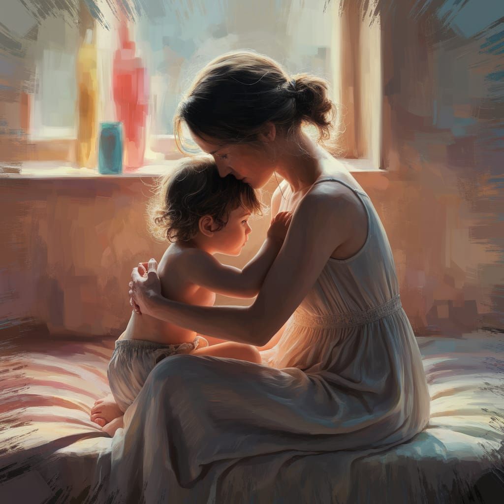 Surrealist Mother and Child Embrace in Warm Lighting