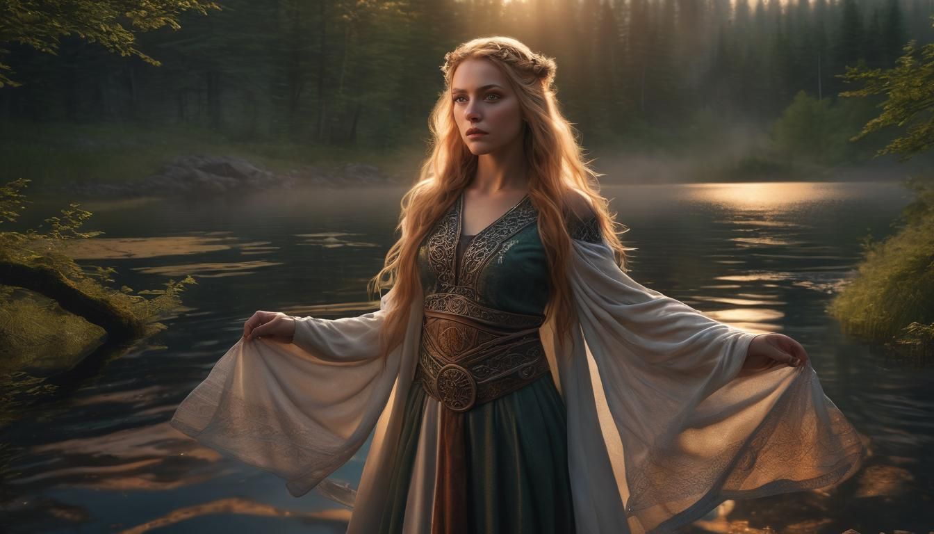 Norse Woman at Lake During Sunset Eclipse