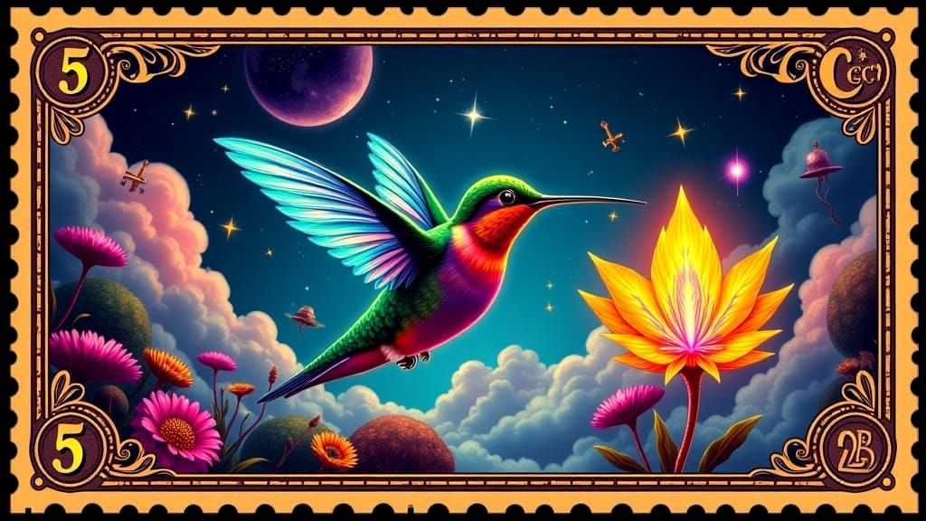 Psychedelic Postage Stamp Design with Crystal Hummingbird