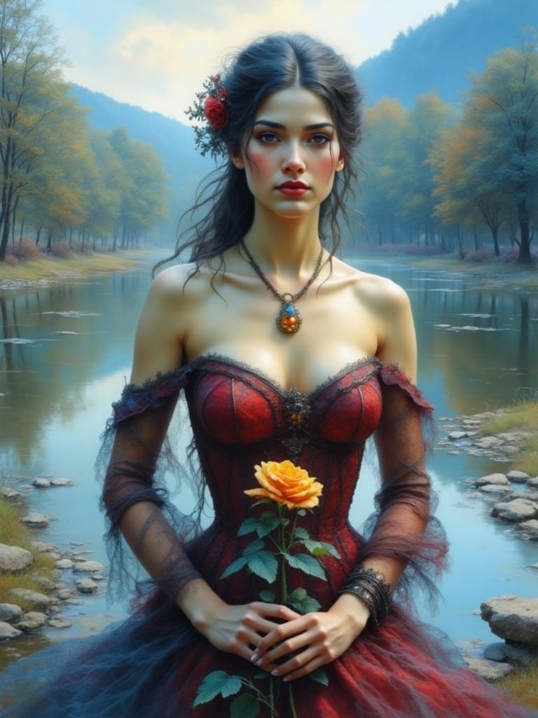 Stunning Woman in Scarlet Gown with Amber Pendant