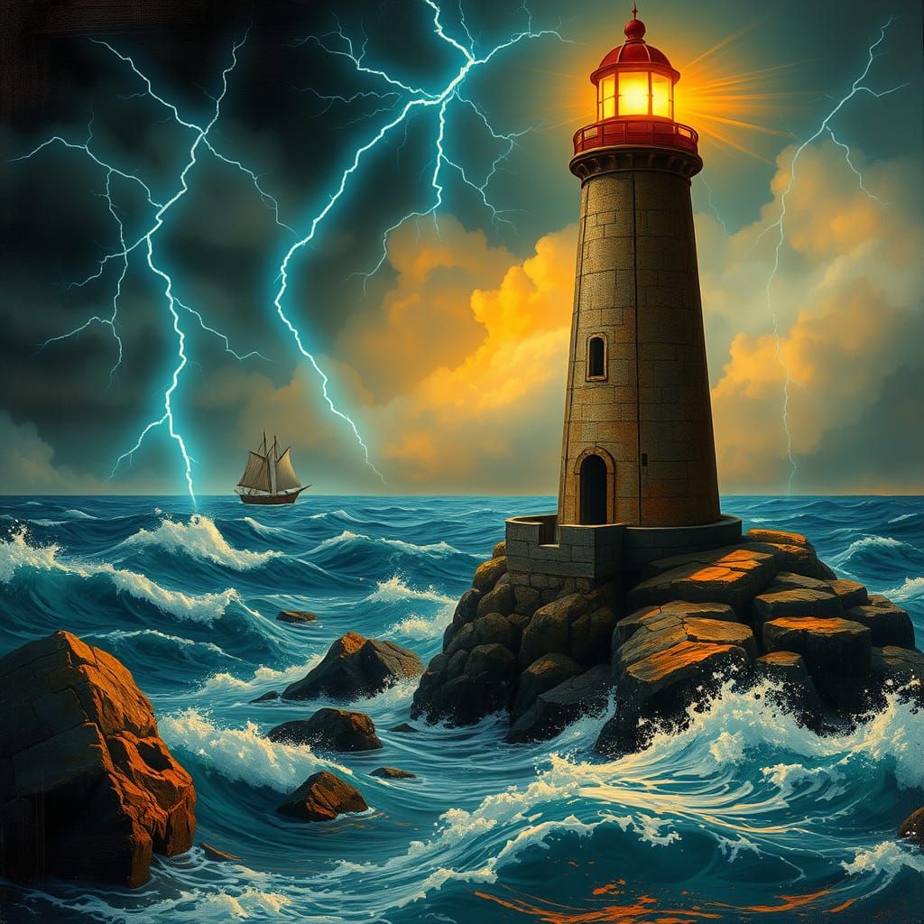 Ethereal Lighthouse Illuminates Turbulent Seas in Art Nouvea...