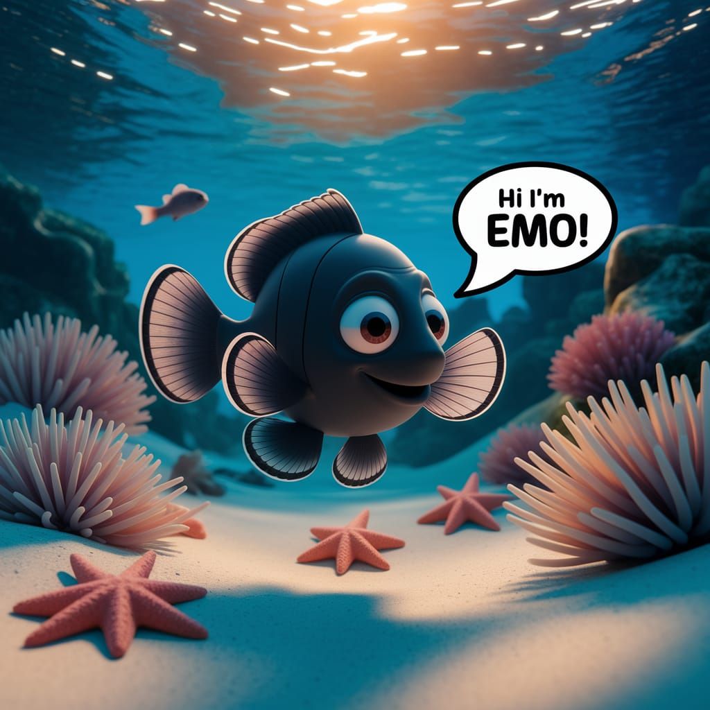 Gothic Black Clownfish Swims in Serene Underwater Scene