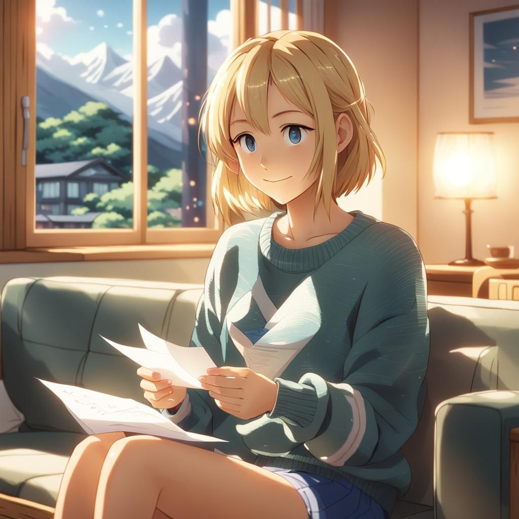 Anime Girl with Letter in Shinkai Style