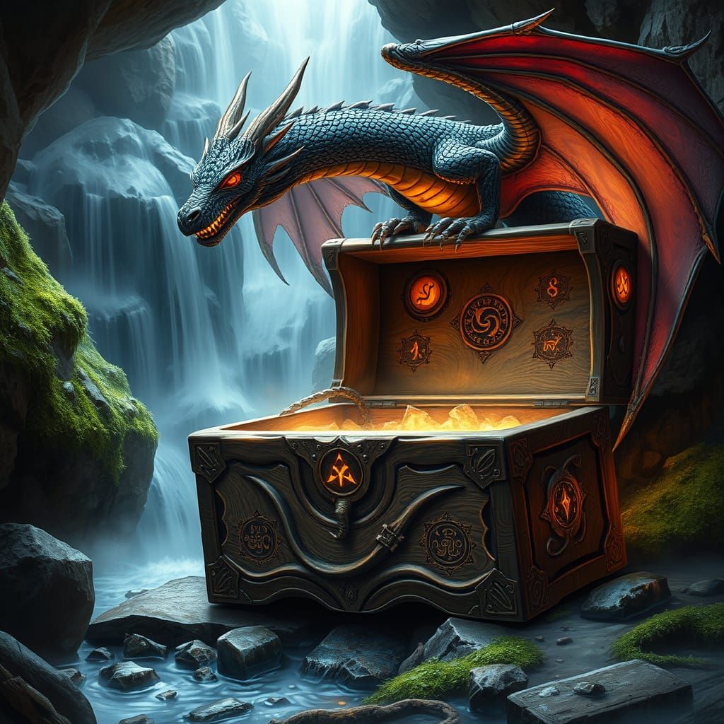 An enchanted treasure chest made of living wood, with glowin...