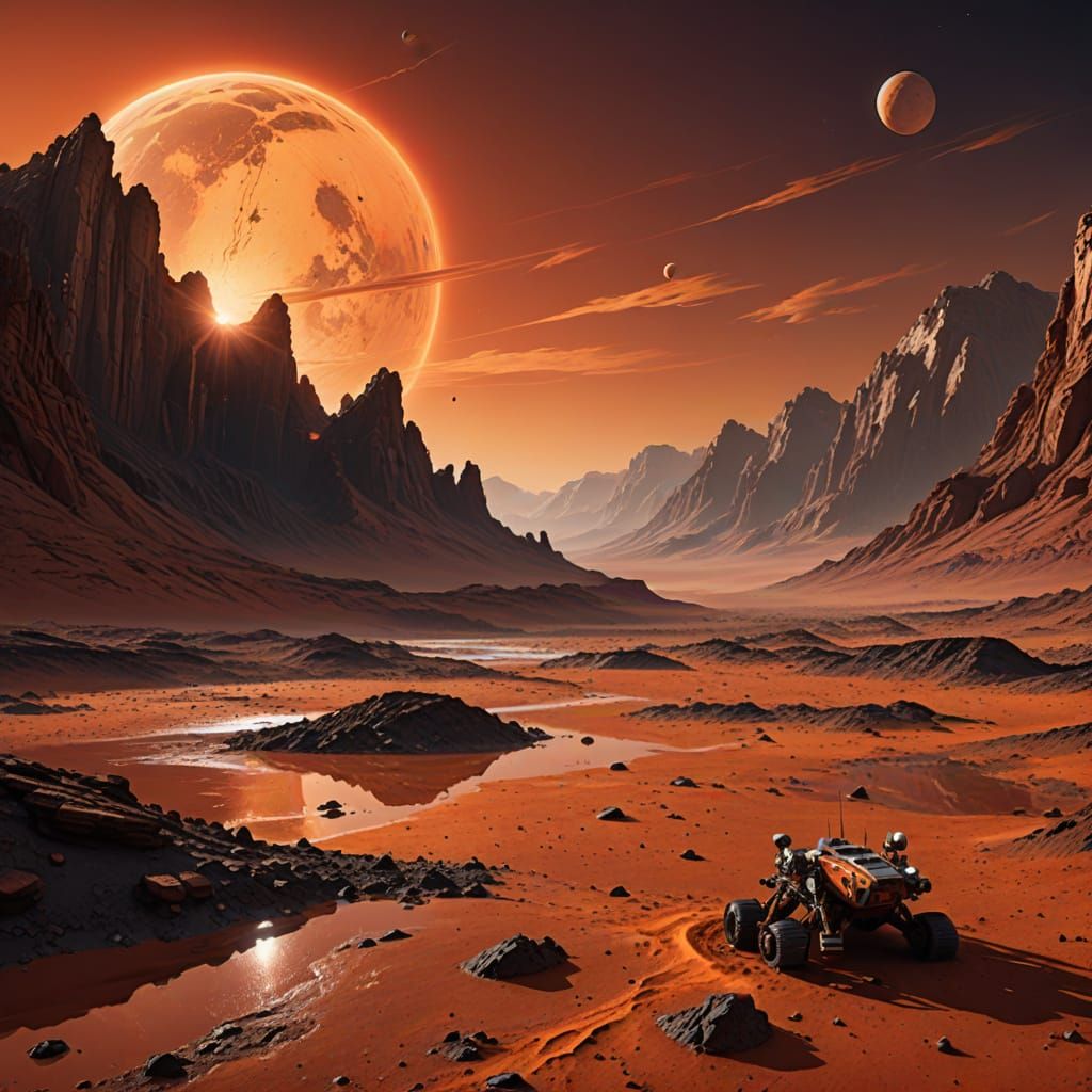 Majestic Martian Lake in a Cyberpunk Landscape