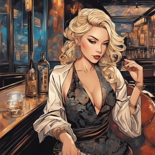 Stunning Blonde in Bar: Ink and Splash Art Portrait