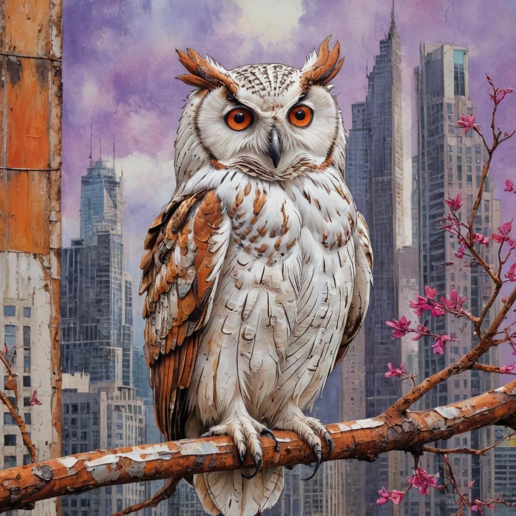 Scruffy White Owl on Branch with Cityscape Background