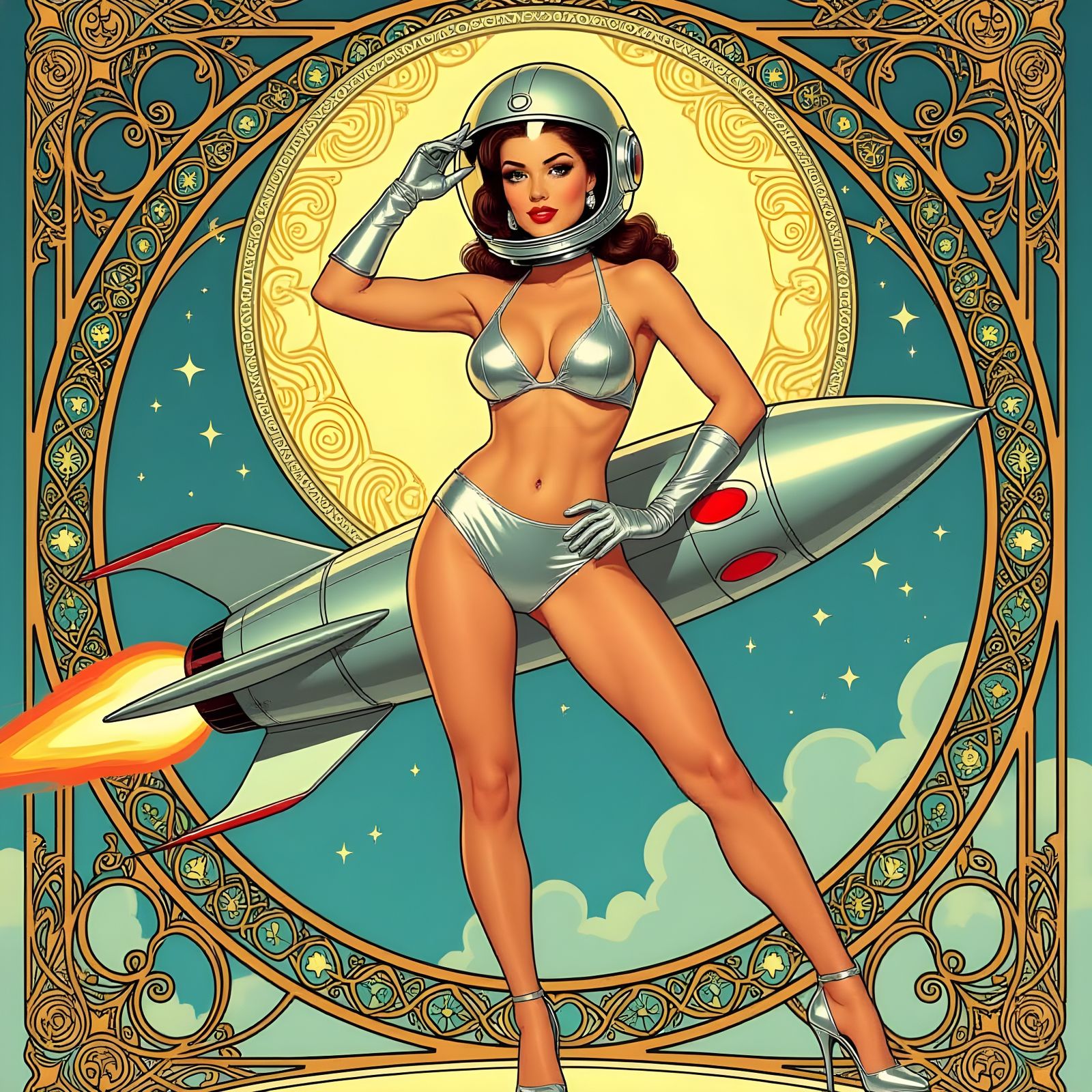 Silver Bikini Space Girl in Art Nouveau Style