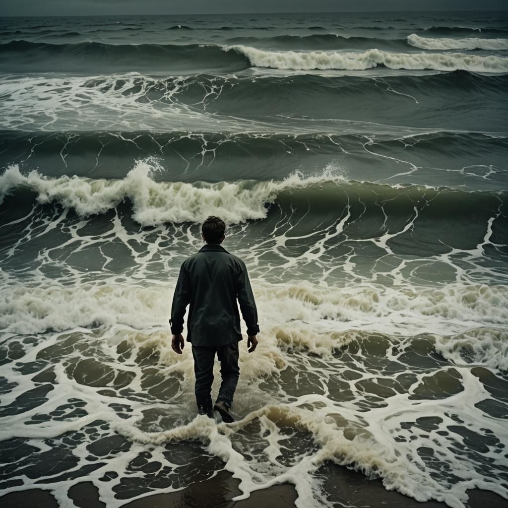 Man Walks into Stormy Sea: Dramatic Film Still
