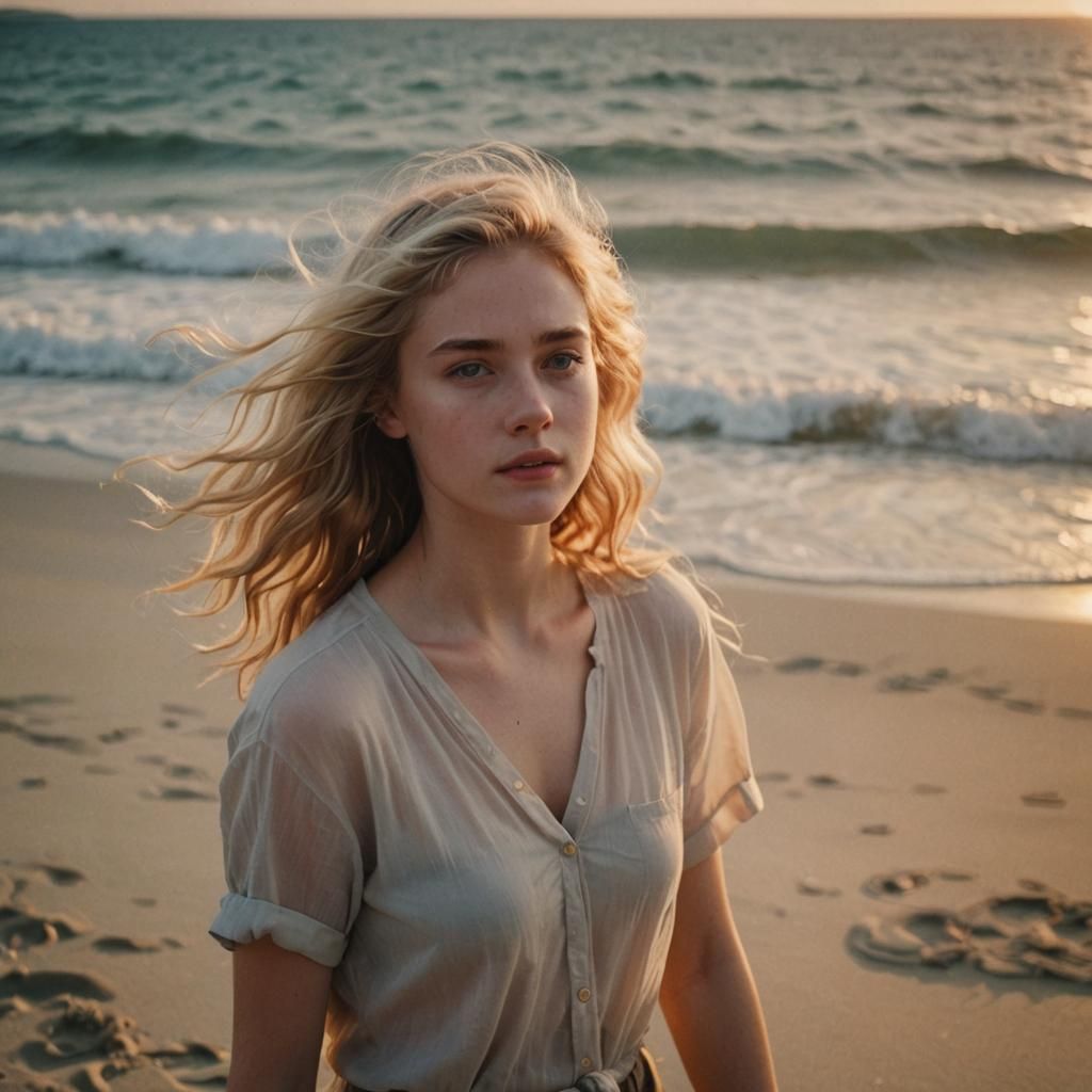 Blonde Model on Tropical Beach at Sunset