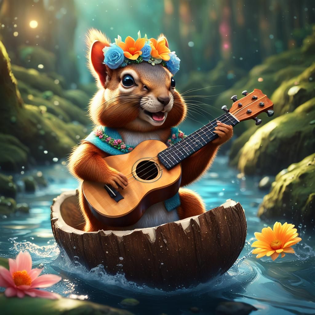 Squirrel with Ukulele in Coconut Boat