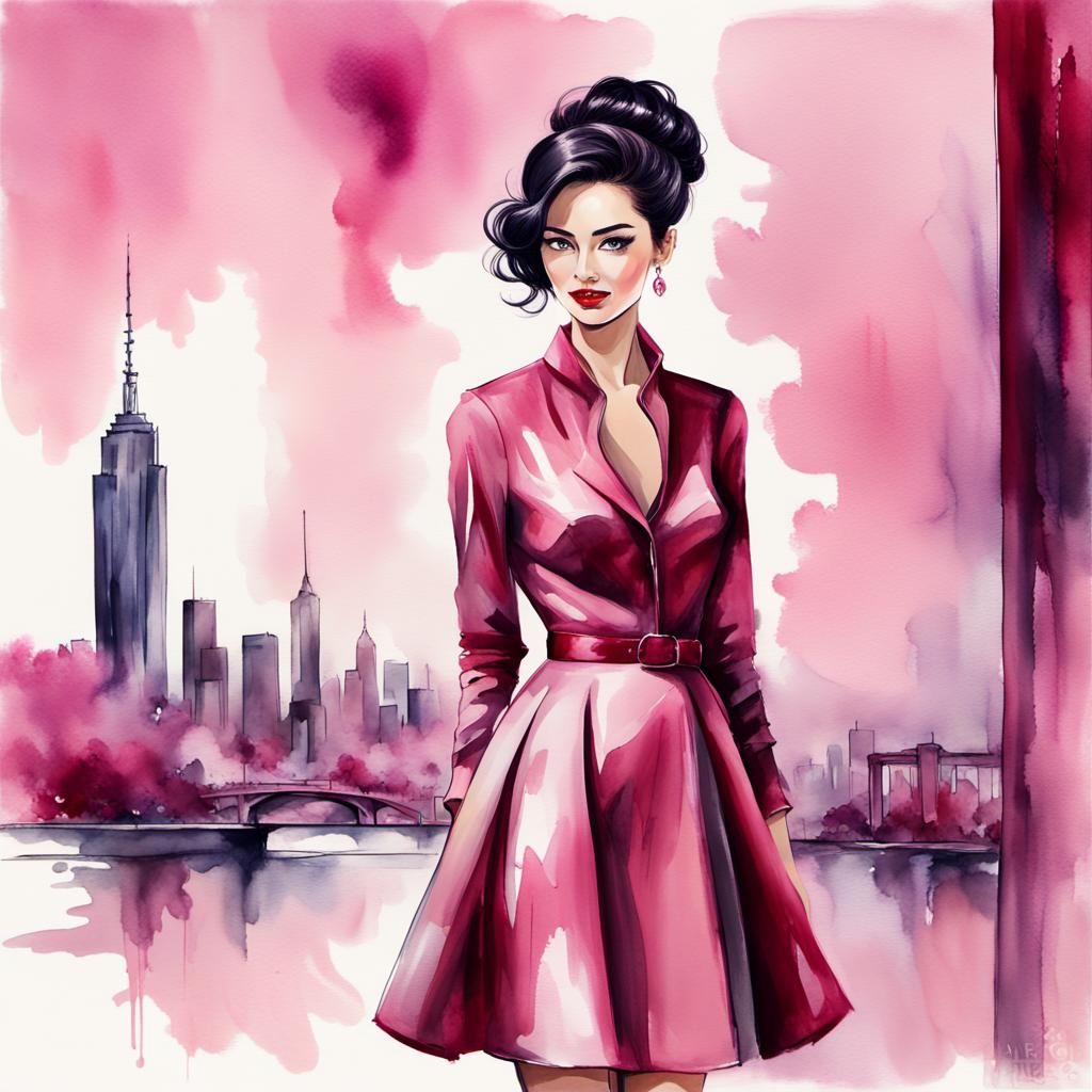 Elegant Fashion Model in Retro Alcohol Ink Drawing