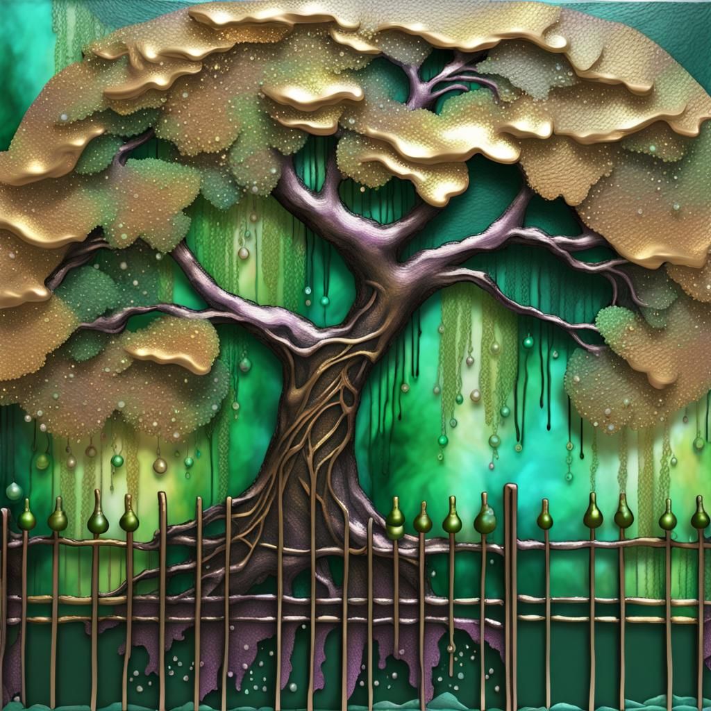 Weeping Willow Tree with Filigree Fence in 3D