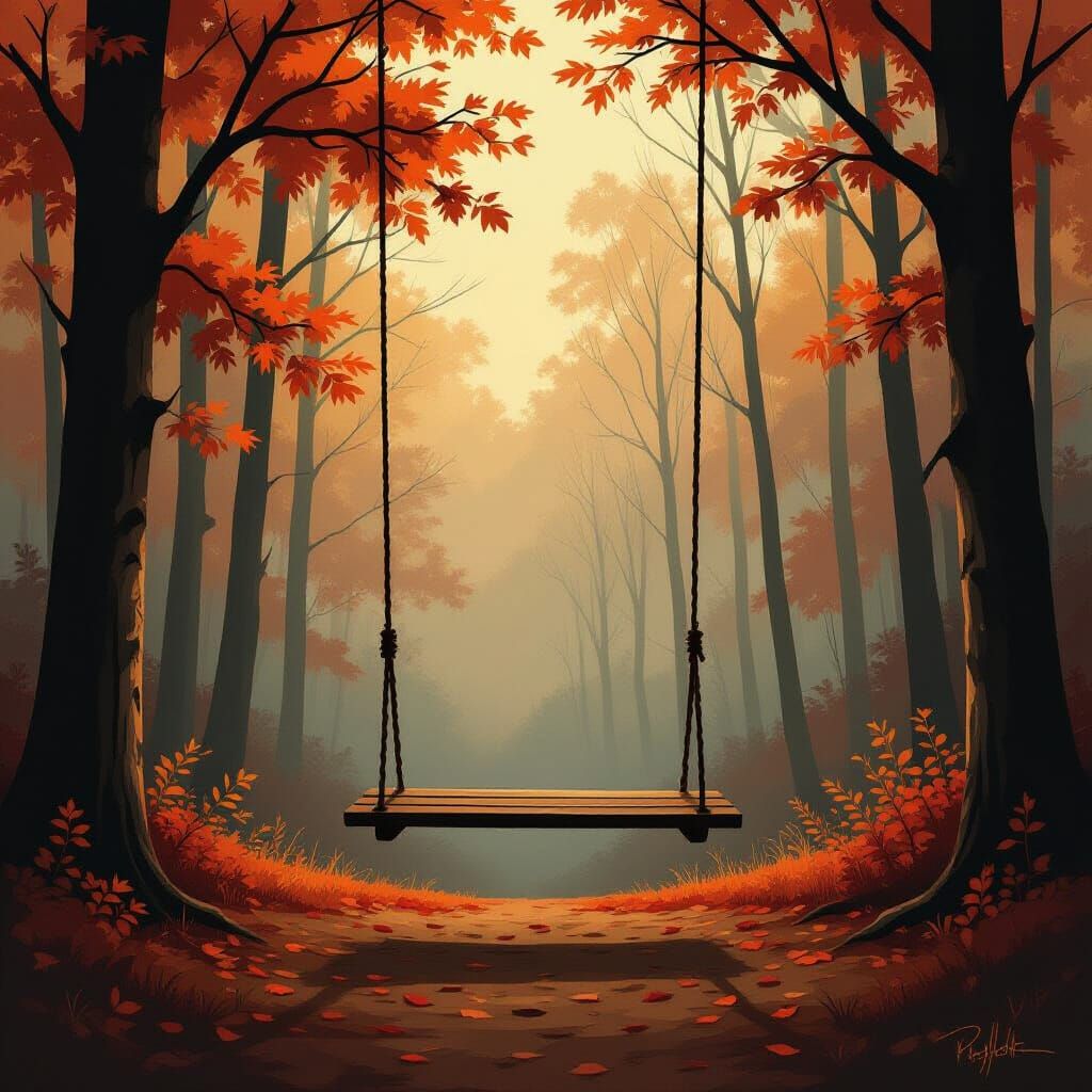 Melancholic Autumn Forest With Empty Swing