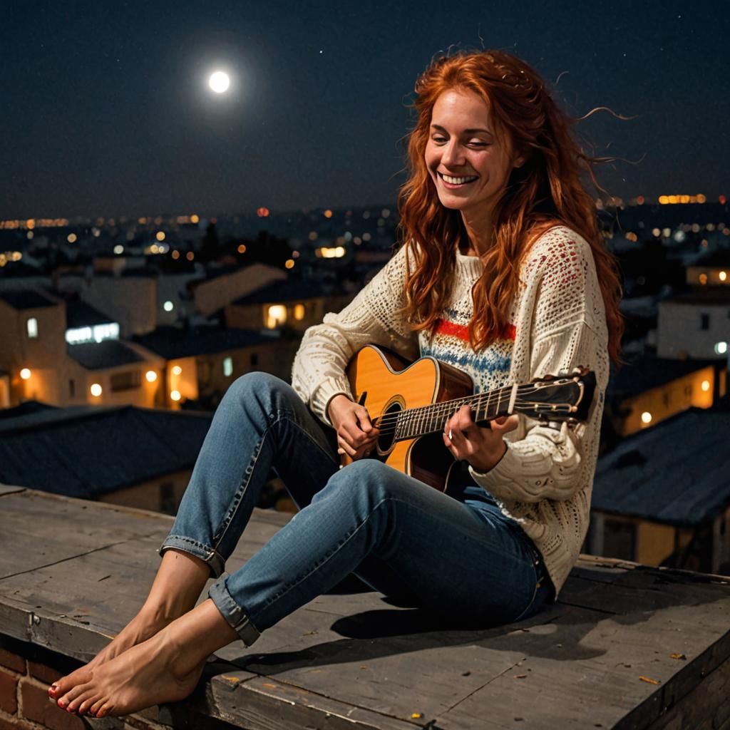 Barefoot Girl on Rooftop at Night, Anime Style