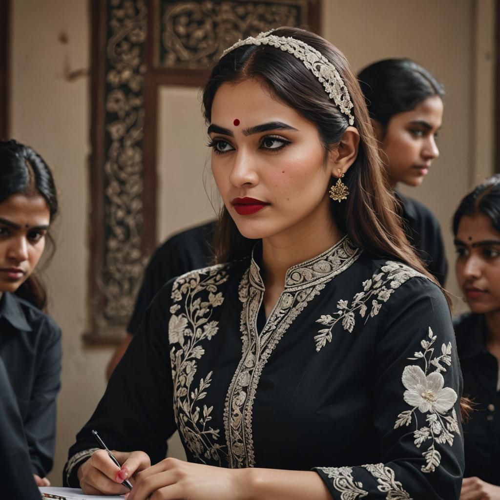 Portrait of Teacher in Embroidered Kurti in Classroom