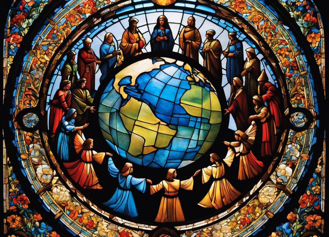 Stained Glass Mural of United People Holding Earth