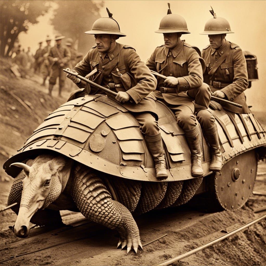 WWI Soldiers on Armadillo in Sepia Tone