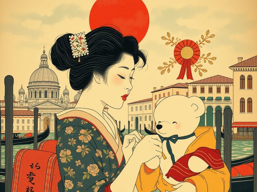 Shunga Scene in Venice with Red Sun
