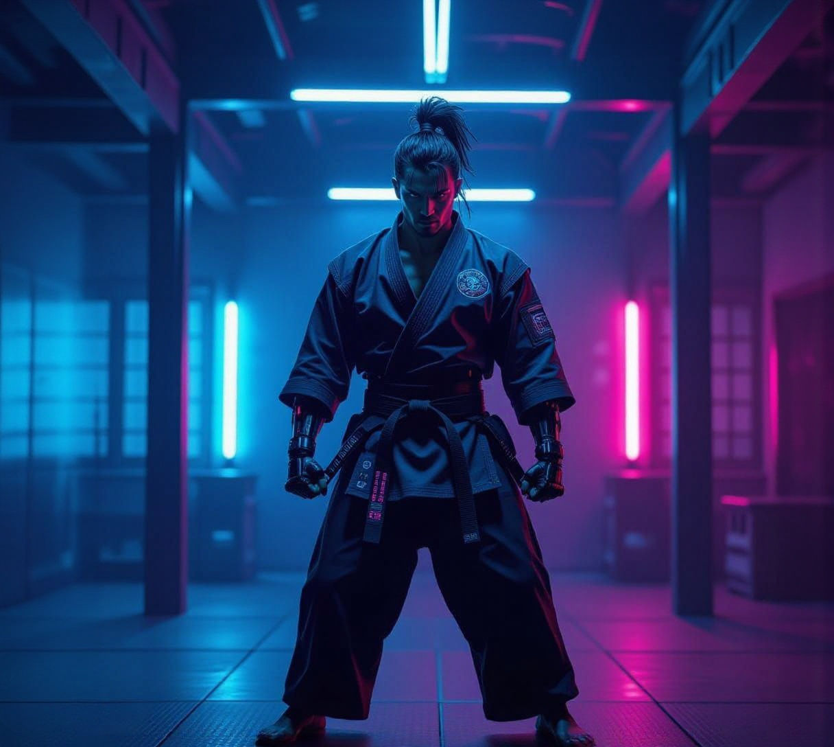 Cyberpunk Karate Master in Neon Dojo