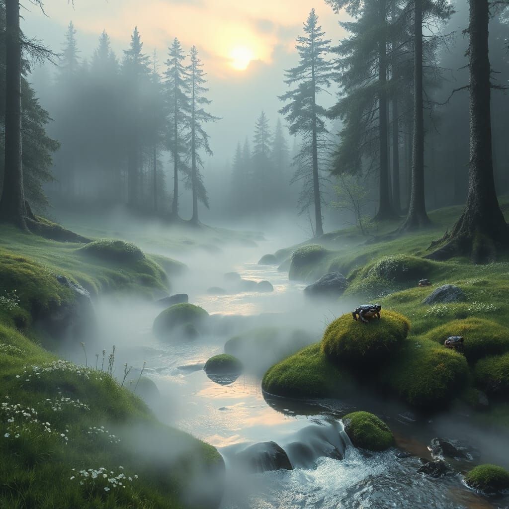 Misty Scandinavian Forest at Dawn Digital Painting