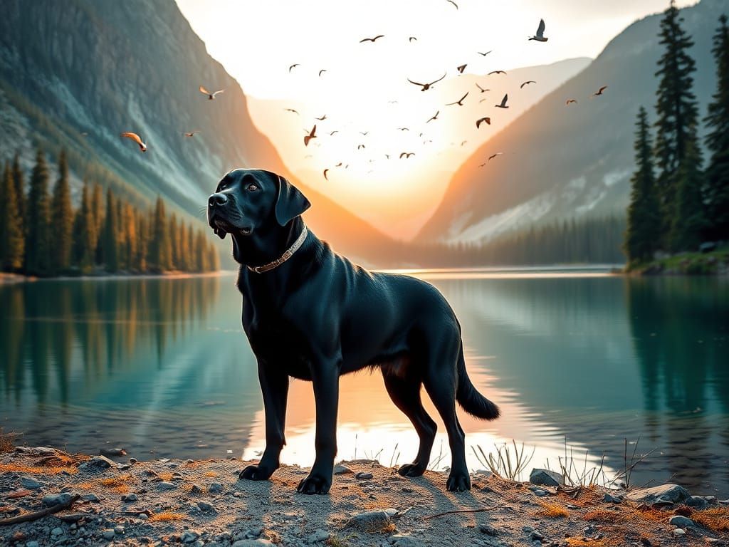 Majestic Black Labrador Retriever Amidst Mountain Lake Seren...