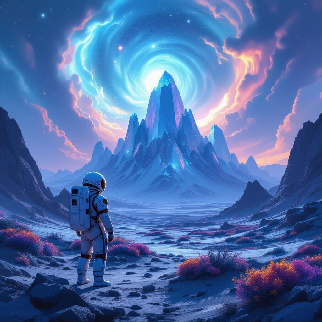 Astronaut on Alien Planet Gazing at Crystal Mountains