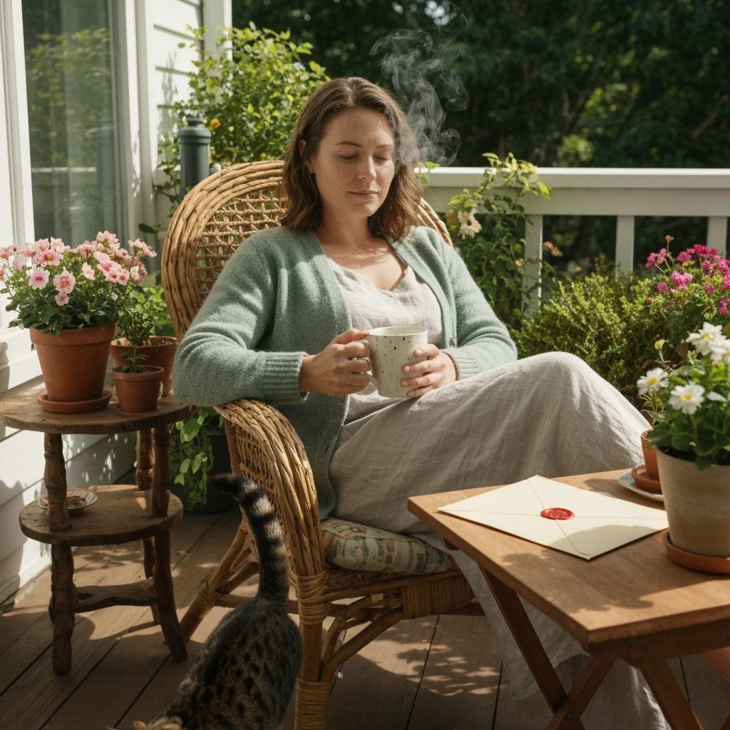 Woman Relaxing on Sunlit Porch with Cat and Letter