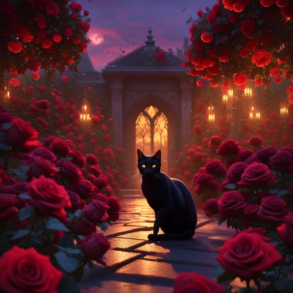 Mystical Black Cat in Hyperdetailed Rose Garden