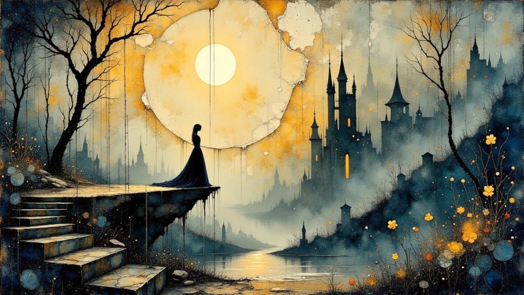 Surreal Misty Landscape with Twisted Architecture