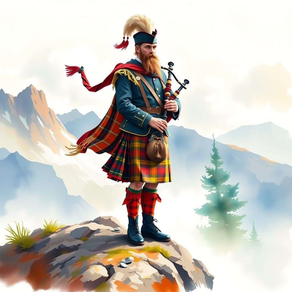 Highlander on Windswept Mountain: Watercolor Painting
