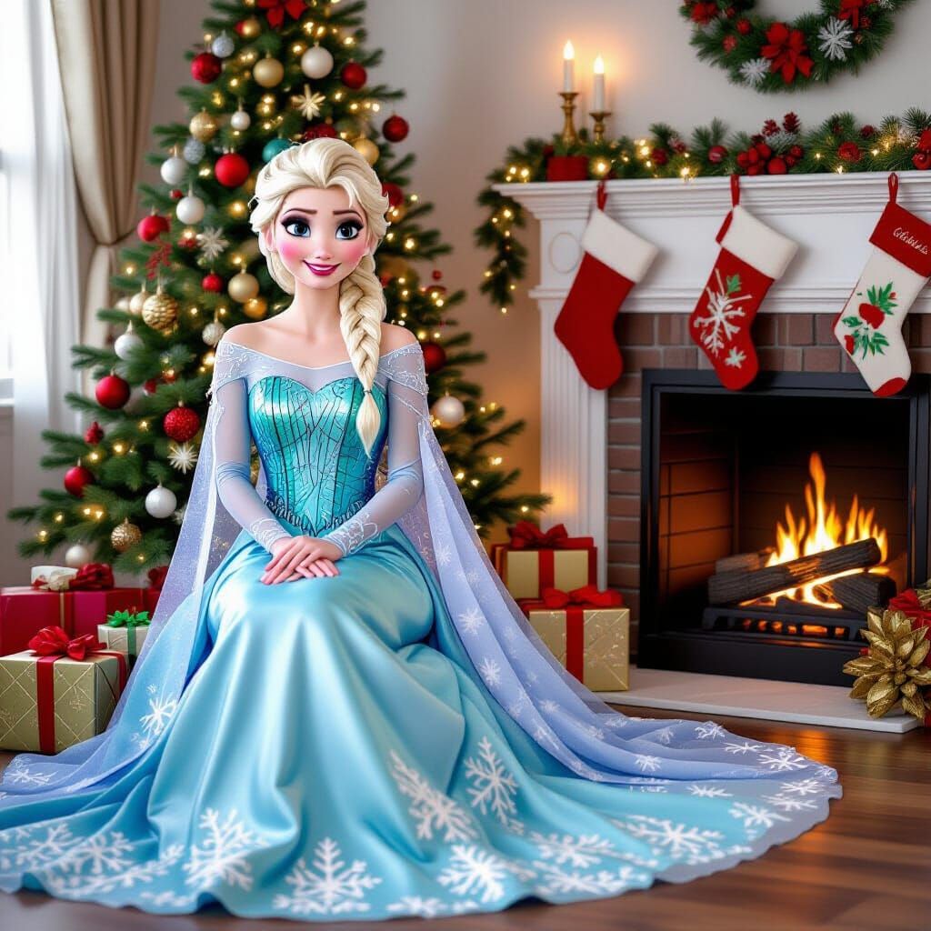 Disney's Elsa in Festive Christmas Dress by Tree