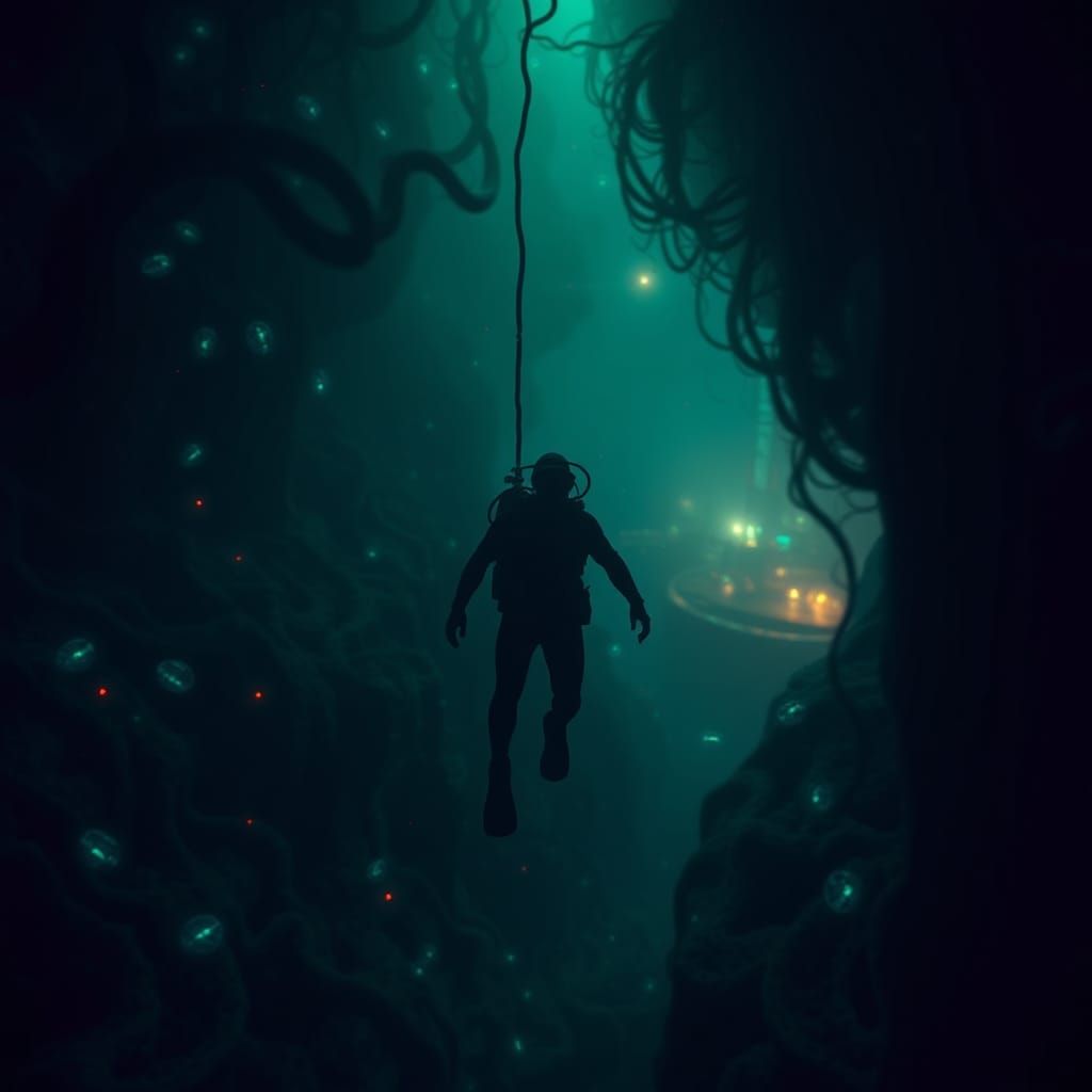 Deep Sea Diver in Bioluminescent Forest, Digital Art