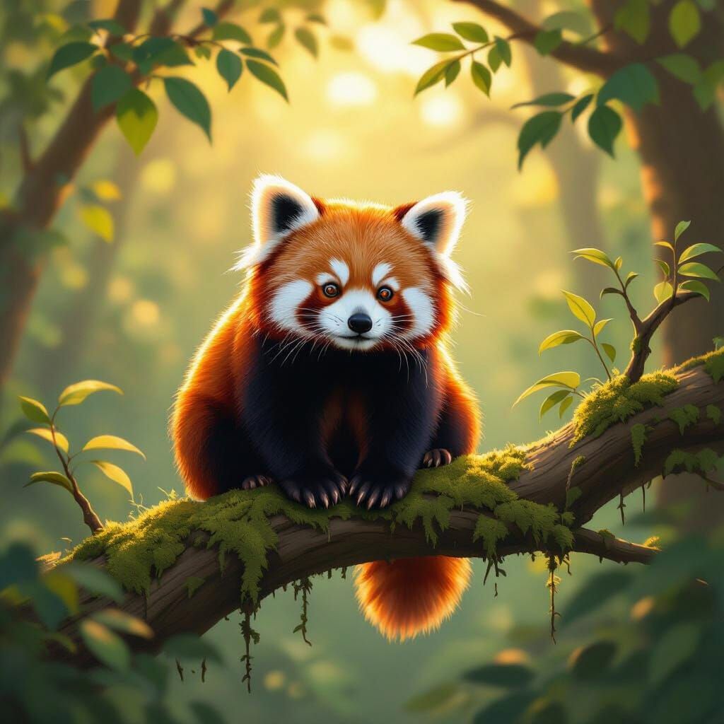 Fluffy Red Panda in Dappled Forest Light